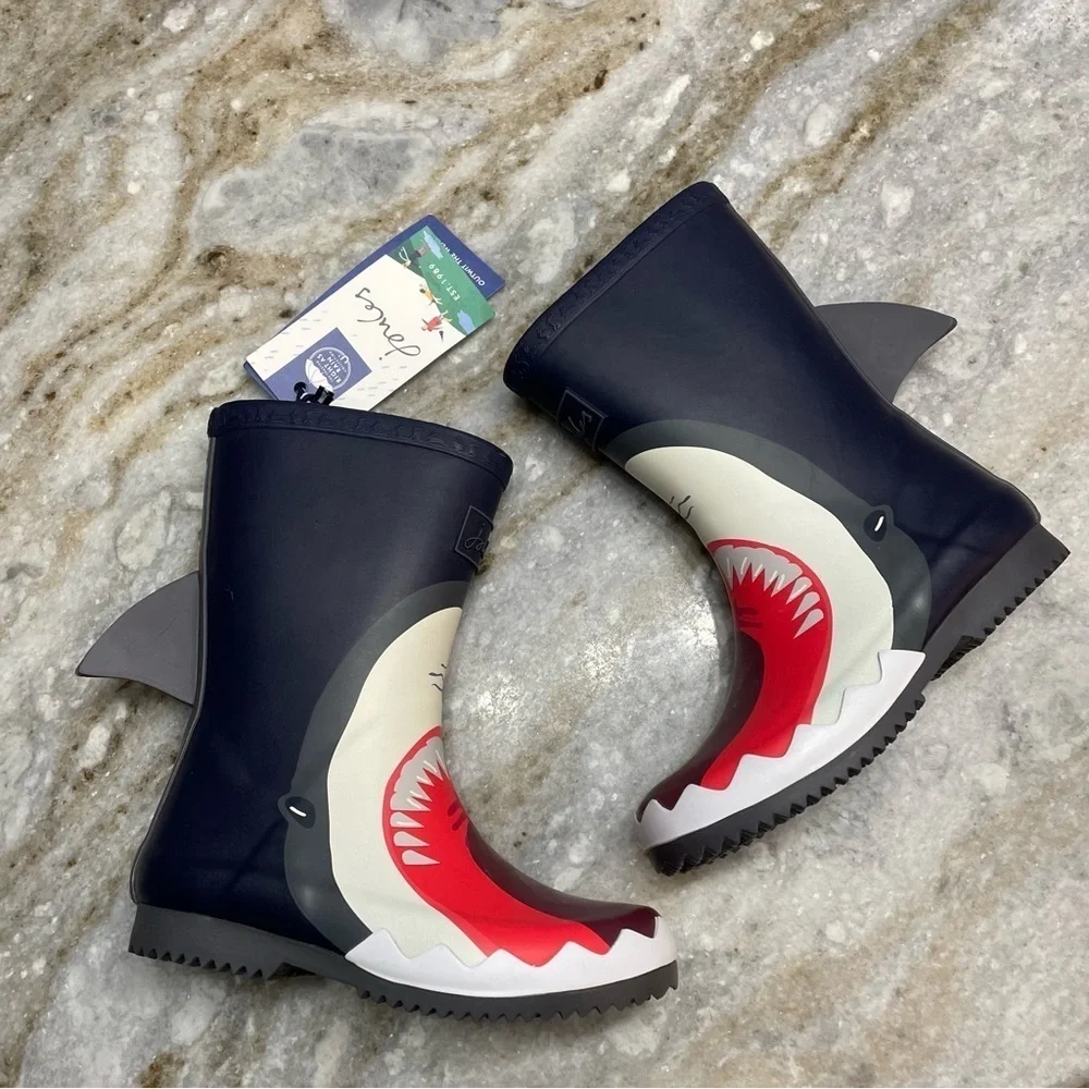 NEW Joules Boys Blue Shark Roll Up Rain Boots Rubber Size US 12